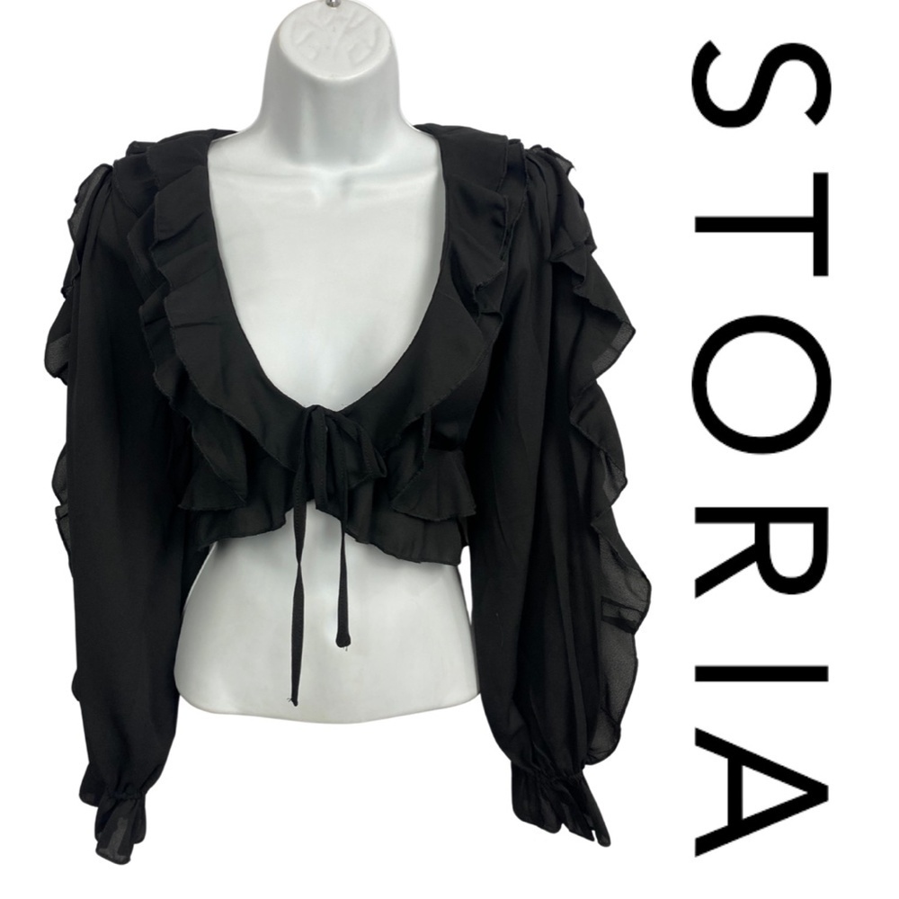 STORIA Black Long Sleeve Ruffle Front Tie Sheer Blouse โ Size M